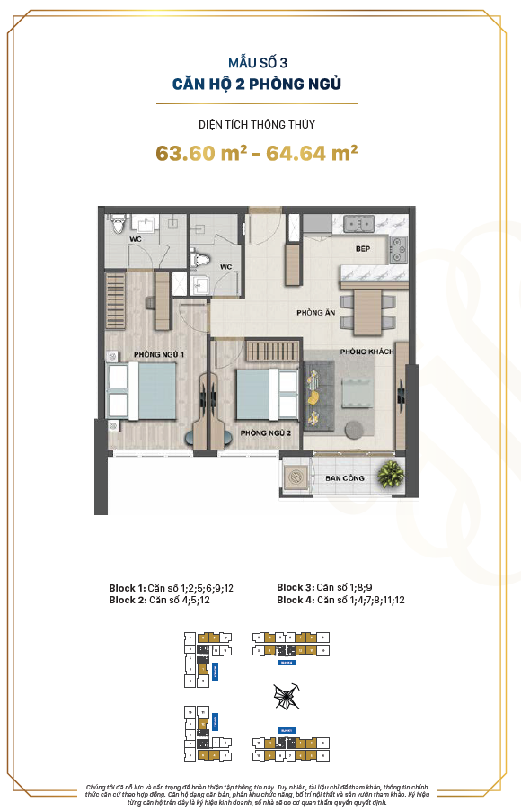 Mặt bằng mẫu số 3 căn 2PN 2WC 1 ban công tại Victoria Village