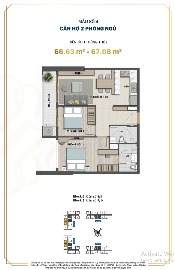 Thiết kế mẫu số 4 căn 2PN 2WC ban công dài tại Victoria Village