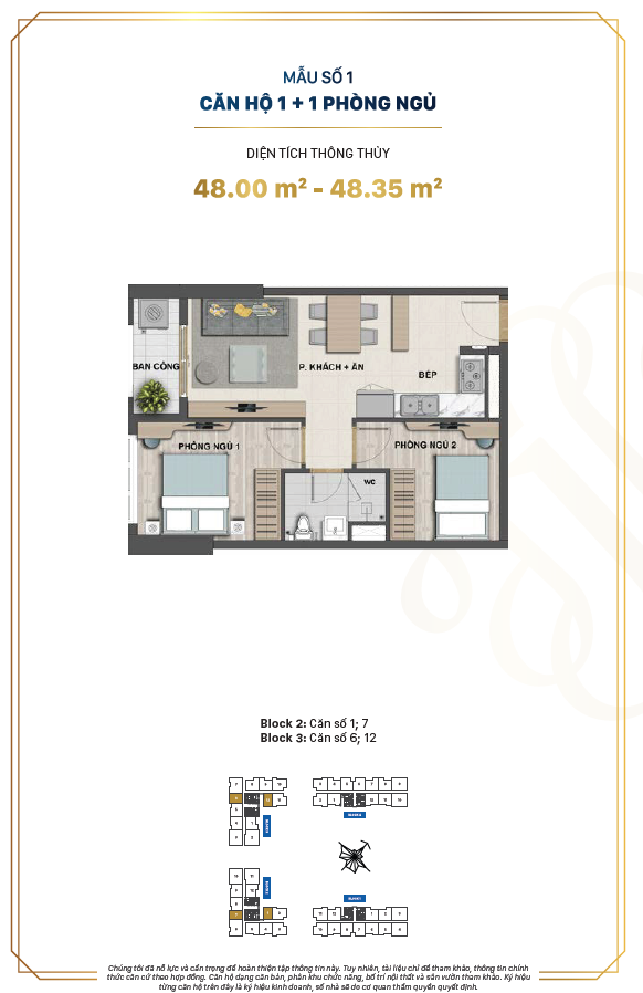 Máº«u sá»‘ 1 Victoria Village cÄƒn há»™ 1 cá»™ng 1 phÃ²ng ngá»§ diá»‡n tÃ­ch 48.00 Ä‘áº¿n 48.35 mÃ©t vuÃ´ng
