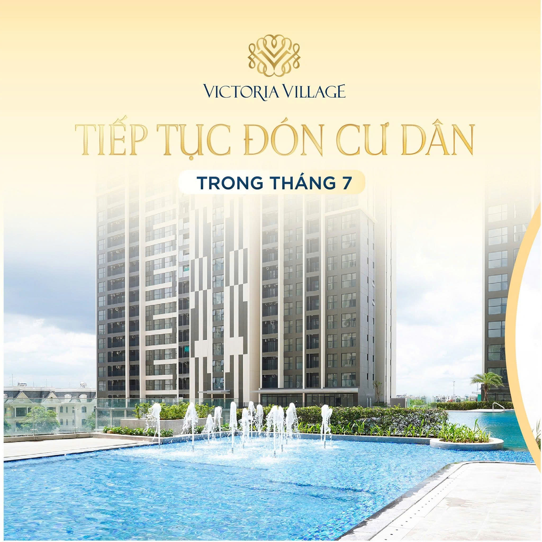 Toàn cảnh khu căn hộ và hồ bơi Victoria Village tháng 7/2026