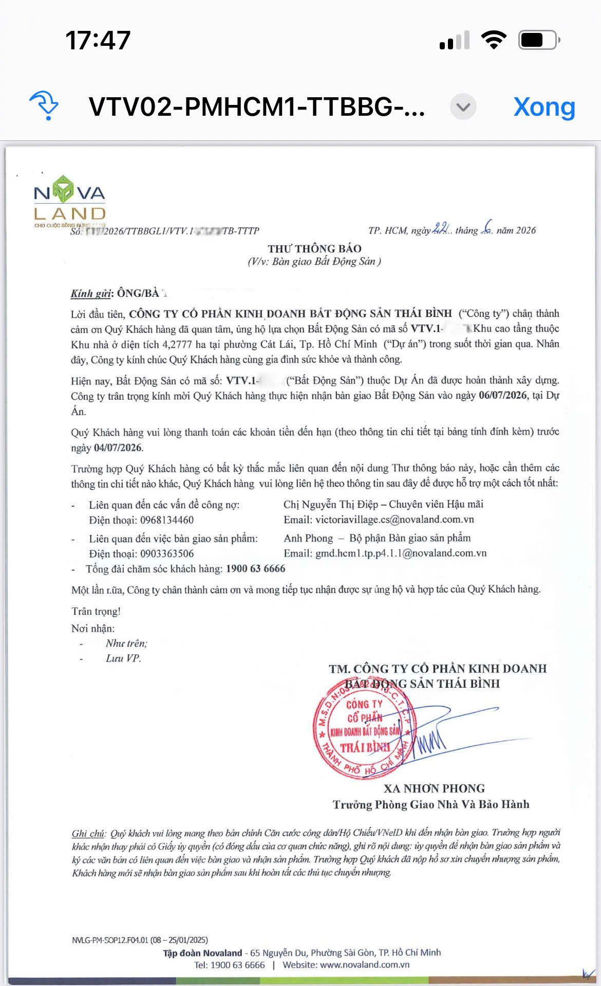 Thư thông báo bàn giao Victoria Village thể hiện ngày nhận nhà 06 tháng 07 năm 2026